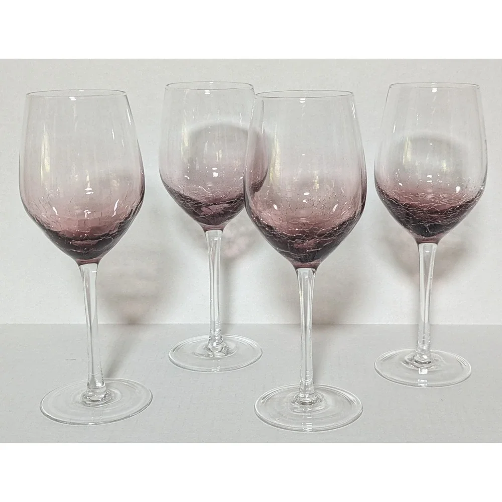 Discontinued Pier 1 Hand Blown Amethyst Crackle Glass Balloon Style Goblets (4)